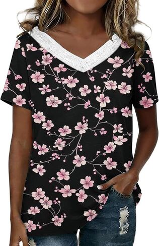 Summer Tops for Women 2026 Trendy Lace Crochet V Neck T Shirts Casual Floral Print Short Sleeve Blouse Boho Clothes in Kuwait