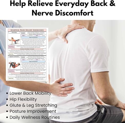 Sciatica Pain Relief Exercise Chart, Lower Back & Nerve Stretching Poster for Home Physical Therapy, Hip, Glute & Leg Mobility, for Seniors & Adults in Kuwait