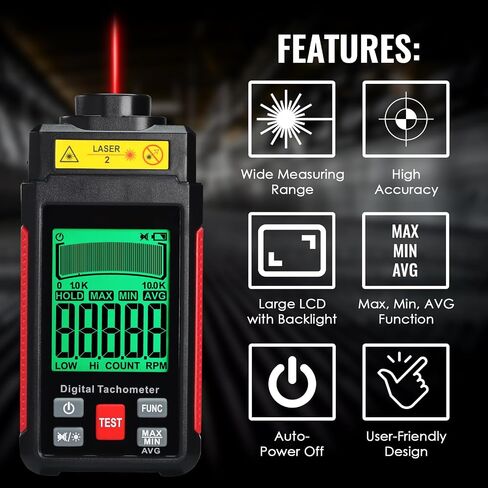 Digital Laser Tachometer High-Precision Non-Contact Tachometer 10-99,999RPM Handheld Professional RPM Meter with Reflection Tape, MAX/MIN/AVG, Photoelectric Sensing, Large LCD Backlight Data Hold in Kuwait