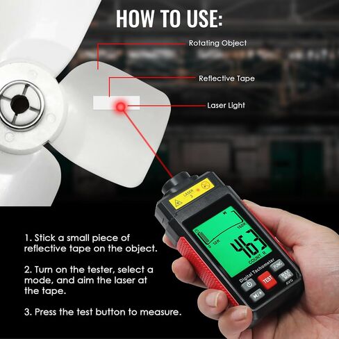 Digital Laser Tachometer High-Precision Non-Contact Tachometer 10-99,999RPM Handheld Professional RPM Meter with Reflection Tape, MAX/MIN/AVG, Photoelectric Sensing, Large LCD Backlight Data Hold in Kuwait
