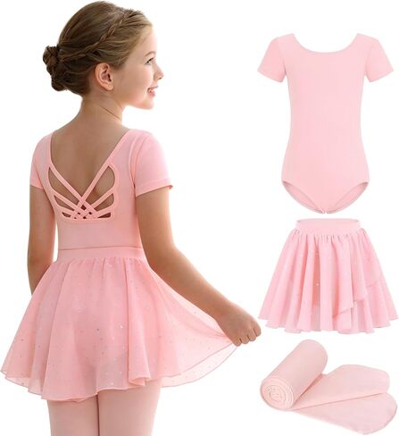 MdnMd Girls Ballet Leotards Combo with Tights Skirt Removable Toddler Ballerina Dance Dresses Soft Outfit Short Sleeve in Kuwait