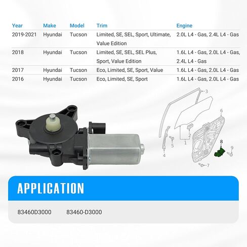 الباب الخلفي محرك نافذة الطاقة الجانبية للركاب اليمنى لعام 2016-2021 Hyundai Tucson 83460d3000 in Kuwait