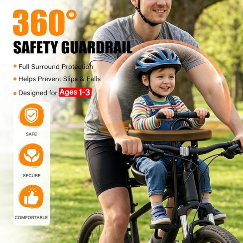 Front Mount Kids Bike Seat, Guardrail, Safety Belt, Pedals, 1-3Y, MTB | Steel frame,1-3Y,safety belt,guardrail,pedals,dual-point mount,fits 26/27.5in MTBs & front-crossbar adult bikes in Kuwait