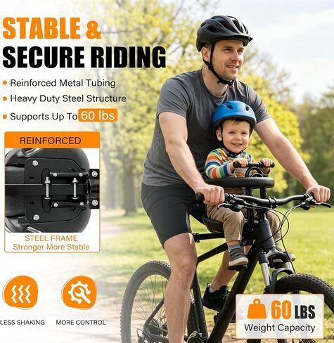 Front Mount Kids Bike Seat, Guardrail, Safety Belt, Pedals, 1-3Y, MTB | Steel frame,1-3Y,safety belt,guardrail,pedals,dual-point mount,fits 26/27.5in MTBs & front-crossbar adult bikes in Kuwait