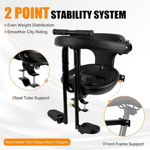 Front Mount Kids Bike Seat, Guardrail, Safety Belt, Pedals, 1-3Y, MTB | Steel frame,1-3Y,safety belt,guardrail,pedals,dual-point mount,fits 26/27.5in MTBs & front-crossbar adult bikes in Kuwait