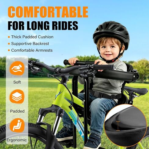 Front Mount Kids Bike Seat, Guardrail, Safety Belt, Pedals, 1-3Y, MTB | Steel frame,1-3Y,safety belt,guardrail,pedals,dual-point mount,fits 26/27.5in MTBs & front-crossbar adult bikes in Kuwait