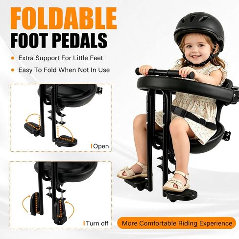 Front Mount Kids Bike Seat, Guardrail, Safety Belt, Pedals, 1-3Y, MTB | Steel frame,1-3Y,safety belt,guardrail,pedals,dual-point mount,fits 26/27.5in MTBs & front-crossbar adult bikes in Kuwait