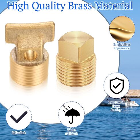 4 Pcs 1/2" NPT Solid Brass Drain Plugs, Commonly Applied in Boat Hulls, 2 Shaped Solid Brass Boat Hull Spare Garboard Drain Plug for Many Models in Kuwait