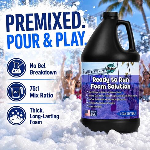محلول إسفنجي ممزوج مسبقًا من SurgeFX Foam Party لآلات الرغوة - رغوة آمنة وعالية التركيز للحفلات وحفلات الزفاف والمناسبات - حل آمن للحيوانات الأليفة والإنسان - 1 جالون in Kuwait