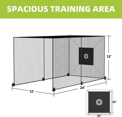 MR Mobile Baseball Batting Cage 24ft, Portable Heavy-Duty Baseball Hitting Cage w/Wheels, Wheel-Based Softball Batting Cage, Fully Enclosed Batting Cage Tunnel Complete Kit w/Frame and Netting in Kuwait