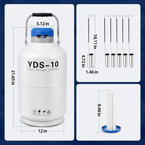 10L Liquid Nitrogen Container,Ln2 Liquid Nitrogen Dewar,Aluminum Alloy Liquid Nitrogen Tank with 6 Canisters,7-Layer Insulation,Extended Storage,Suitable for Farms,Beauty Salons,Research Institutions in Kuwait