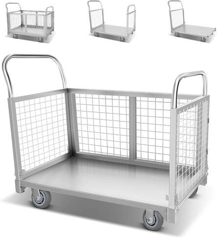 Platform Truck Cart with Cage, 5-in-1Heavy Duty Flatbed Cart, Load 3500LBS with 5" Swivel Casters, Multi-Functional Push Cart for Grocery, Laundry, Pantry, Shelving in Kuwait