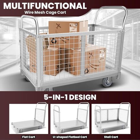Platform Truck Cart with Cage, 5-in-1Heavy Duty Flatbed Cart, Load 3500LBS with 5" Swivel Casters, Multi-Functional Push Cart for Grocery, Laundry, Pantry, Shelving in Kuwait