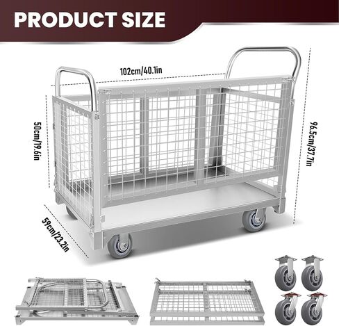 Platform Truck Cart with Cage, 5-in-1Heavy Duty Flatbed Cart, Load 3500LBS with 5" Swivel Casters, Multi-Functional Push Cart for Grocery, Laundry, Pantry, Shelving in Kuwait