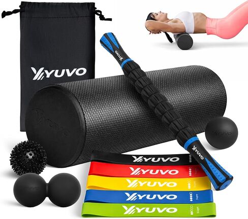 6-in-1 Foam Roller Recovery Set - 18" Trigger Point Muscle Roller, Massage Stick, 5 Resistance Bands, Massager Balls Kit with Carrying Bag - Full Body Recovery, Stretching & Exercise Equipment in Kuwait