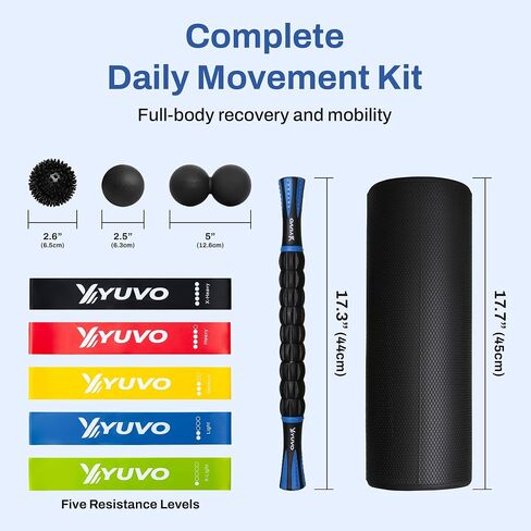 6-in-1 Foam Roller Recovery Set - 18" Trigger Point Muscle Roller, Massage Stick, 5 Resistance Bands, Massager Balls Kit with Carrying Bag - Full Body Recovery, Stretching & Exercise Equipment in Kuwait