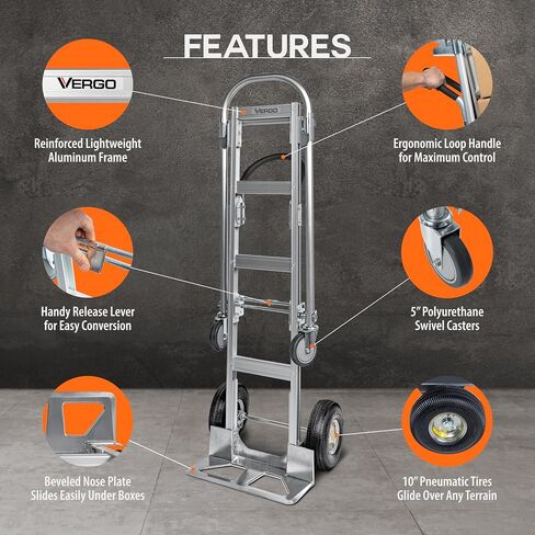 شاحنة يدوية قابلة للتحويل من Vergo Industrial - AS7B ألومنيوم عالي التحمل 2 في 1 (سعة 800 رطل) إطار مقوى خفيف الوزن، مقبض مريح، دوللي متحركة فائقة الحركة (وضعين، ارتفاع 63 بوصة) in Kuwait