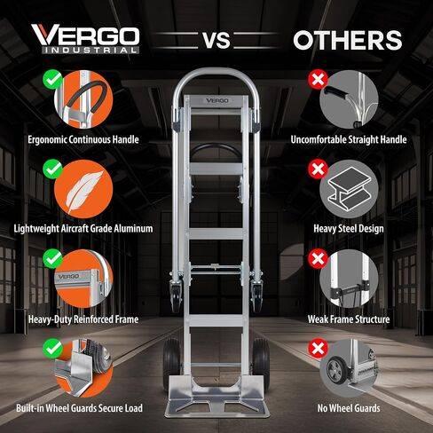 شاحنة يدوية قابلة للتحويل من Vergo Industrial - AS7B ألومنيوم عالي التحمل 2 في 1 (سعة 800 رطل) إطار مقوى خفيف الوزن، مقبض مريح، دوللي متحركة فائقة الحركة (وضعين، ارتفاع 63 بوصة) in Kuwait
