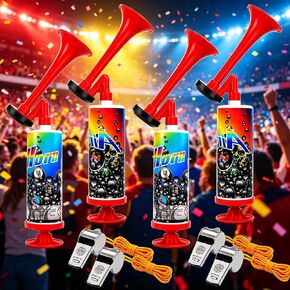4 Pack Air Horn with 4 Metal Whistles, HandHeld Air Horn Loud Noise Maker Reusable Pump Blow Horn Loud Noise Maker Safety Horn for Boating Graduation Sports Events Birthday Party in Saudi Arabia