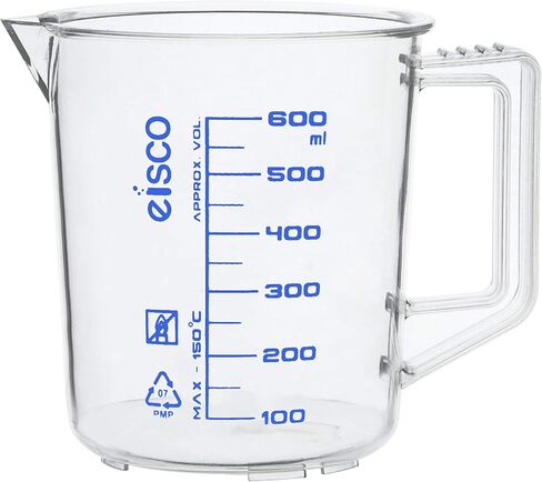 إبريق قياس EISCO، 600 مل - بلاستيك TPX - تخرجات مطبوعة - مقاوم للمواد الكيميائية، قابل للتعقيم - شكل قصير - مقبض بمقبض الإبهام in Kuwait