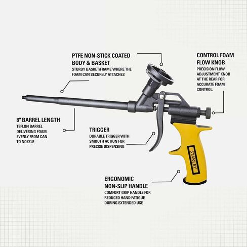 Stanley PRO-FG2 Foam Gun – High Precision Professional Grade 8" Applicator with Teflon Coated Basket, Metal Body & Extension Nozzles | For Expanding Insulation Foam | 1 Pack, 8 In in Kuwait