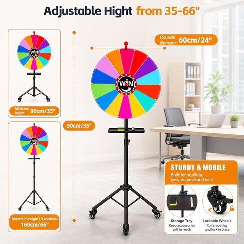 24 Inch Spinning Prize Wheel, Adjustable 35"-66" Height Game Spinner, Storable Wheel of Fortune with 14 Color Segments for Party, Carnival, Trade Show & Classroom in Kuwait