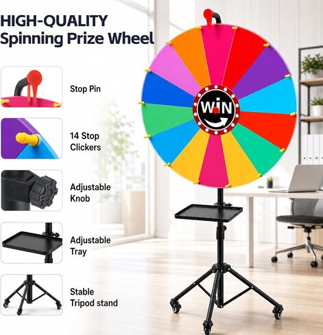 24 Inch Spinning Prize Wheel, Adjustable 35"-66" Height Game Spinner, Storable Wheel of Fortune with 14 Color Segments for Party, Carnival, Trade Show & Classroom in Kuwait