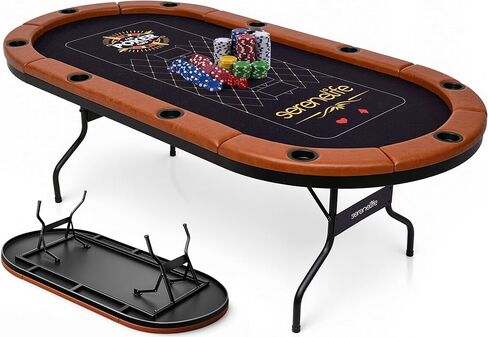 طاولة بوكر SereneLife بطول 7 أقدام لـ 10 لاعبين - طاولة كازينو Texas Hold'em بيضاوية شديدة التحمل لغرفة الألعاب، وأرجل معدنية معززة مقاس 25 مم، وسكة حديدية سوداء متينة من PVC، و10 حاملات أكواب عميقة وتصميم احترافي in Kuwait