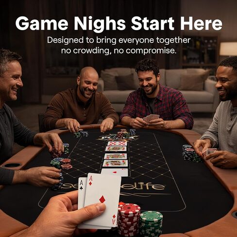 طاولة بوكر SereneLife بطول 7 أقدام لـ 10 لاعبين - طاولة كازينو Texas Hold'em بيضاوية شديدة التحمل لغرفة الألعاب، وأرجل معدنية معززة مقاس 25 مم، وسكة حديدية سوداء متينة من PVC، و10 حاملات أكواب عميقة وتصميم احترافي in Kuwait
