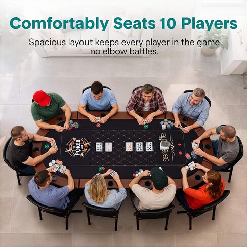 طاولة بوكر SereneLife بطول 7 أقدام لـ 10 لاعبين - طاولة كازينو Texas Hold'em بيضاوية شديدة التحمل لغرفة الألعاب، وأرجل معدنية معززة مقاس 25 مم، وسكة حديدية سوداء متينة من PVC، و10 حاملات أكواب عميقة وتصميم احترافي in Kuwait