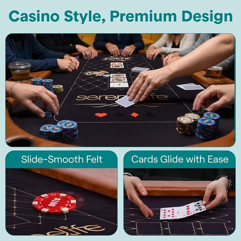 طاولة بوكر SereneLife بطول 7 أقدام لـ 10 لاعبين - طاولة كازينو Texas Hold'em بيضاوية شديدة التحمل لغرفة الألعاب، وأرجل معدنية معززة مقاس 25 مم، وسكة حديدية سوداء متينة من PVC، و10 حاملات أكواب عميقة وتصميم احترافي in Kuwait