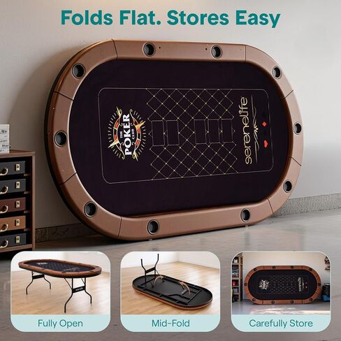 طاولة بوكر SereneLife بطول 7 أقدام لـ 10 لاعبين - طاولة كازينو Texas Hold'em بيضاوية شديدة التحمل لغرفة الألعاب، وأرجل معدنية معززة مقاس 25 مم، وسكة حديدية سوداء متينة من PVC، و10 حاملات أكواب عميقة وتصميم احترافي in Kuwait
