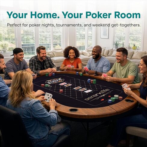 طاولة بوكر SereneLife بطول 7 أقدام لـ 10 لاعبين - طاولة كازينو Texas Hold'em بيضاوية شديدة التحمل لغرفة الألعاب، وأرجل معدنية معززة مقاس 25 مم، وسكة حديدية سوداء متينة من PVC، و10 حاملات أكواب عميقة وتصميم احترافي in Kuwait