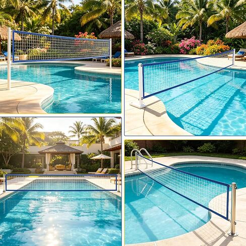 Pool Volleyball Net Replacement, Heavy Duty PE Net with Adjustable Length 15-30 FT, Waterproof Oxford Border for Outdoor In-Ground & Above Ground Pools, Includes Carabiners & Storage Bag in Kuwait