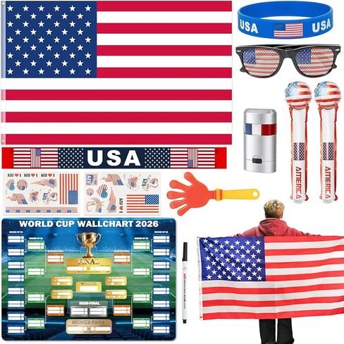 World Cup 2026 Merchandise, 12 PCS World Cup 2026 Soccer Fan Support Kit Includes Flag, Scarf, Glasses, Cheering Sticks, Face Paint, Clapper & Schedule Poster, World Cup Merch for Match Day & Parties in Kuwait