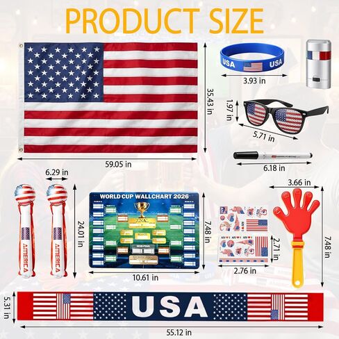 World Cup 2026 Merchandise, 12 PCS World Cup 2026 Soccer Fan Support Kit Includes Flag, Scarf, Glasses, Cheering Sticks, Face Paint, Clapper & Schedule Poster, World Cup Merch for Match Day & Parties in Kuwait