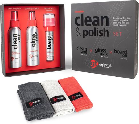Complete Clean + Polish Set, Guitar Cleaner, Gloss Polish & Fretboard Conditioning Oil Kit, Includes 3 Microfiber Cloths, Complete Guitar Care System in Kuwait