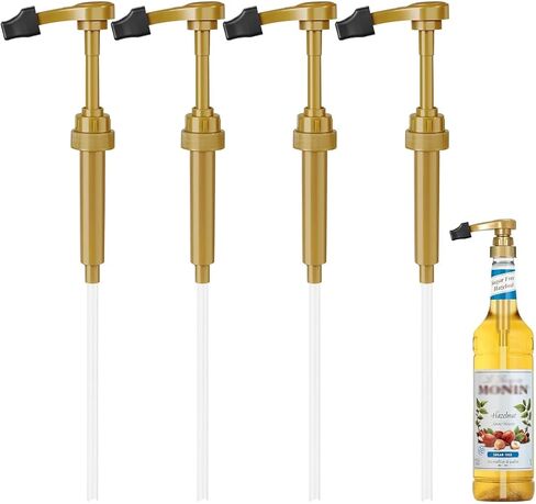 Coffee Syrup Pumps, 4 Pack 750ml(25.4oz) Syrup Pump No Spill Syrup Pump Dispenser with Tip Cover for Coffee Teas Vanilla Smoothies (Gold syrup pump + tip cover) in Saudi Arabia