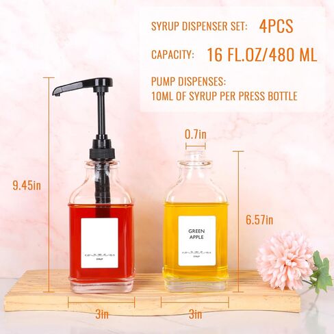 موزع شراب القهوة 16oz مع مضخات 4 عبوات (480 مل)، موزعات شراب مانعة للتسرب لبار القهوة والمطبخ والاستخدام التجاري مع الملصقات in Kuwait