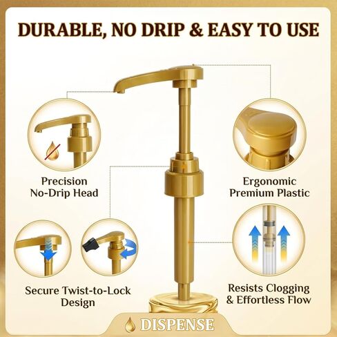 Coffee Syrup Pumps, 4 Pack 750ml(25.4oz) Syrup Pump No Spill Syrup Pump Dispenser with Tip Cover for Coffee Teas Vanilla Smoothies (Gold syrup pump + tip cover) in Saudi Arabia