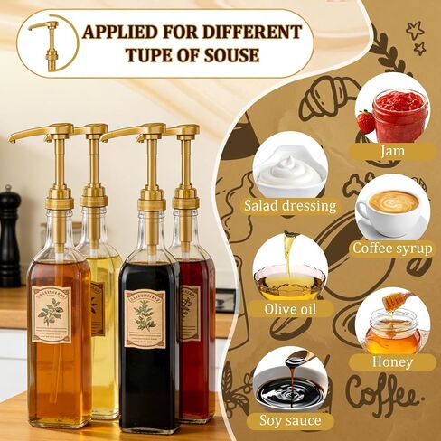Coffee Syrup Pumps, 4 Pack 750ml(25.4oz) Syrup Pump No Spill Syrup Pump Dispenser with Tip Cover for Coffee Teas Vanilla Smoothies (Gold syrup pump + tip cover) in Saudi Arabia