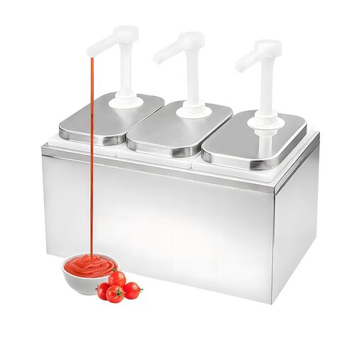 Sauce Dispenser Pump, 6L Stainless Steel Condiment Pump Dispenser, Condiment Pump Station with 3 Jars, Large Three Head Ketchup Dispenser in Kuwait