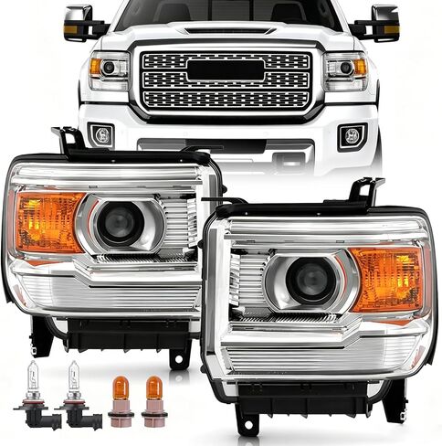 مجموعة المصابيح الأمامية لعام 2014-2018 GMC Sierra 1500 ، 15-19 GMC Sierra 2500HD 3500HD Head Lights Halogen W/LED DRL Chrome Hosupe Clear لعام 2014 2015 2017 2018 2018 2018 in Kuwait