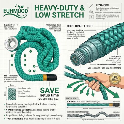حبل حبال حلقة تزوير 40203 متوافق مع أنظمة Feiyagoo Arborist، حبل تزوير شجرة مقاس 3/4 بوصة × 6 بوصات مع حلقة ألومنيوم رقم 3، حبال عين ميتة قابلة للتعديل بـ 7 جيوب، 14600 رطل MBS لأعمال الأشجار in Kuwait