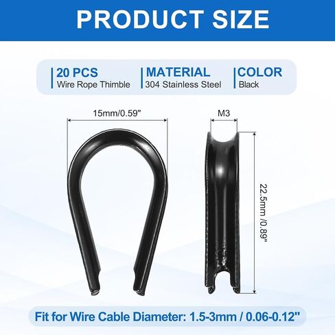 PATIKIL 1/8" (3mm) Wire Rope Thimble, 20 Pack 304 Stainless Steel M3 Cable Thimbles Rigging for Lifting Hanging Securing, Black in Saudi Arabia