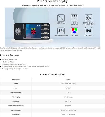 1.3 Inch LCD Display with ST7789 Controller, 240x240 Resolution, SPI Interface, 5-Way Joystick & 4 Buttons | Compatible with Raspberry Pi Pico/Arduino | Demo Code Included in Kuwait