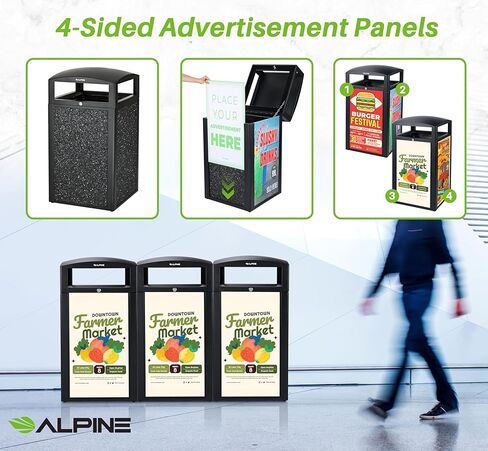Alpine Outdoor Commercial Trash Can with Lid - 40 Gallon Heavy Duty Metal Garbage Can with Advertising Panels, Removable Bin, Locking Lid for a Modern Look in Pool, Park, Mall (Grey Stones) in Kuwait