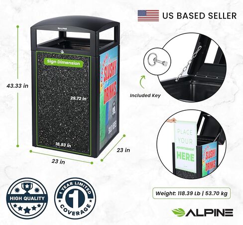 Alpine Outdoor Commercial Trash Can with Lid - 40 Gallon Heavy Duty Metal Garbage Can with Advertising Panels, Removable Bin, Locking Lid for a Modern Look in Pool, Park, Mall (Grey Stones) in Kuwait
