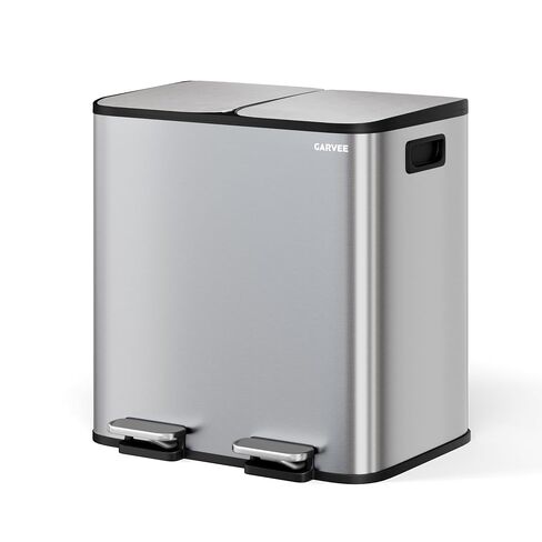 GarveeHome 2 × 8 جالون سلة مهملات مزدوجة من الفولاذ المقاوم للصدأ مع غطاء للمطبخ، سلة مهملات مزدوجة كبيرة ومجموعة سلة إعادة التدوير، علب قمامة معدنية للمطبخ، دلاء داخلية من البولي بروبيلين، حافة بطانة، أسود غير لامع in Kuwait