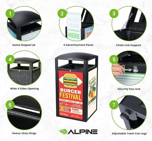 Alpine Outdoor Commercial Trash Can with Lid - 40 Gallon Heavy Duty Metal Garbage Can with Advertising Panels, Removable Bin, Locking Lid for a Modern Look in Pool, Park, Mall (Grey Stones) in Kuwait